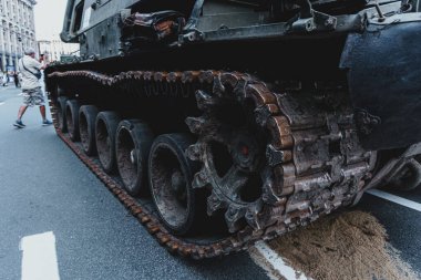 Kyiv, Ukraine - 23 August 2022: Parade of destroyed military equipment of the russian troops on the Khreshchatyk, main street of the Kyiv. Independent Day of Ukraine.