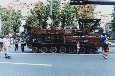 Kyiv, Ukraine - 23 August 2022: Parade of destroyed military equipment of the russian troops on the Khreshchatyk, main street of the Kyiv. Independent Day of Ukraine.