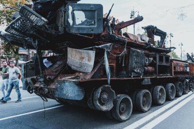 Kyiv, Ukraine - 23 August 2022: Parade of destroyed military equipment of the russian troops on the Khreshchatyk, main street of the Kyiv. Independent Day of Ukraine.
