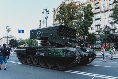 Kyiv, Ukraine - 23 August 2022: Parade of destroyed military equipment of the russian troops on the Khreshchatyk, main street of the Kyiv. Independent Day of Ukraine.