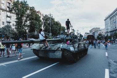 Kyiv, Ukraine - 23 August 2022: Parade of destroyed military equipment of the russian troops on the Khreshchatyk, main street of the Kyiv. Independent Day of Ukraine.