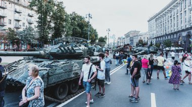 Kyiv, Ukraine - 23 August 2022: Parade of destroyed military equipment of the russian troops on the Khreshchatyk, main street of the Kyiv. Independent Day of Ukraine.