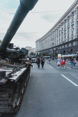 Kyiv, Ukraine - 23 August 2022: Parade of destroyed military equipment of the russian troops on the Khreshchatyk, main street of the Kyiv. Independent Day of Ukraine.