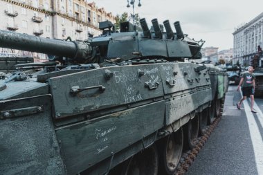 Kyiv, Ukraine - 23 August 2022: Parade of destroyed military equipment of the russian troops on the Khreshchatyk, main street of the Kyiv. Independent Day of Ukraine.