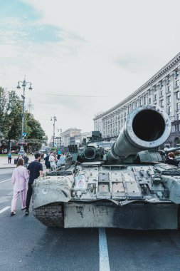 Kyiv, Ukraine - 23 August 2022: Parade of destroyed military equipment of the russian troops on the Khreshchatyk, main street of the Kyiv. Independent Day of Ukraine.