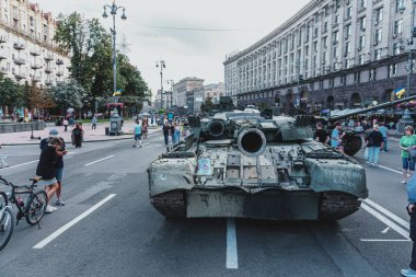 Kyiv, Ukraine - 23 August 2022: Parade of destroyed military equipment of the russian troops on the Khreshchatyk, main street of the Kyiv. Independent Day of Ukraine.