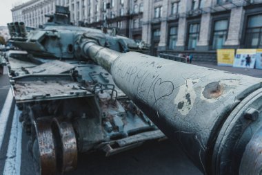 Kyiv, Ukraine - 23 August 2022: Parade of destroyed military equipment of the russian troops on the Khreshchatyk, main street of the Kyiv. Independent Day of Ukraine.