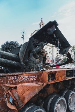 Kyiv, Ukraine - 23 August 2022: Parade of destroyed military equipment of the russian troops on the Khreshchatyk, main street of the Kyiv. Independent Day of Ukraine.