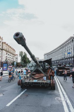 Kyiv, Ukraine - 23 August 2022: Parade of destroyed military equipment of the russian troops on the Khreshchatyk, main street of the Kyiv. Independent Day of Ukraine.