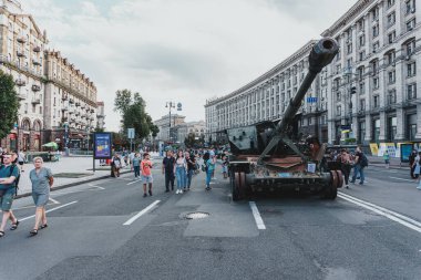 Kyiv, Ukraine - 23 August 2022: Parade of destroyed military equipment of the russian troops on the Khreshchatyk, main street of the Kyiv. Independent Day of Ukraine.