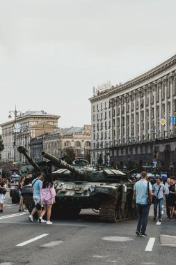 Kyiv, Ukraine - 23 August 2022: Parade of destroyed military equipment of the russian troops on the Khreshchatyk, main street of the Kyiv. Independent Day of Ukraine.