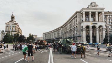 Kyiv, Ukraine - 23 August 2022: Parade of destroyed military equipment of the russian troops on the Khreshchatyk, main street of the Kyiv. Independent Day of Ukraine.