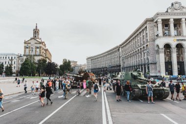 Kyiv, Ukraine - 23 August 2022: Parade of destroyed military equipment of the russian troops on the Khreshchatyk, main street of the Kyiv. Independent Day of Ukraine.