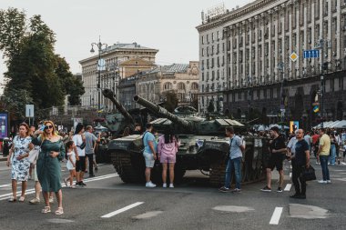 Kyiv, Ukraine - 23 August 2022: Parade of destroyed military equipment of the russian troops on the Khreshchatyk, main street of the Kyiv. Independent Day of Ukraine.