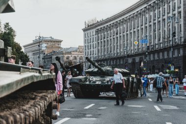 Kyiv, Ukraine - 23 August 2022: Parade of destroyed military equipment of the russian troops on the Khreshchatyk, main street of the Kyiv. Independent Day of Ukraine.
