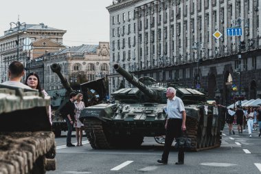 Kyiv, Ukraine - 23 August 2022: Parade of destroyed military equipment of the russian troops on the Khreshchatyk, main street of the Kyiv. Independent Day of Ukraine.