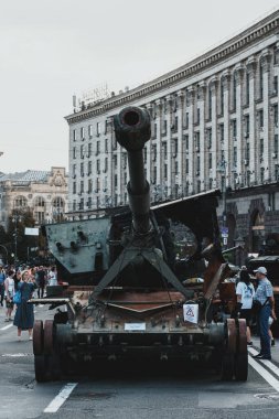 Kyiv, Ukraine - 23 August 2022: Parade of destroyed military equipment of the russian troops on the Khreshchatyk, main street of the Kyiv. Independent Day of Ukraine.