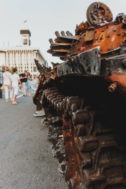 Kyiv, Ukraine - 23 August 2022: Parade of destroyed military equipment of the russian troops on the Khreshchatyk, main street of the Kyiv. Independent Day of Ukraine.