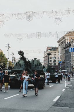 Kyiv, Ukraine - 23 August 2022: Parade of destroyed military equipment of the russian troops on the Khreshchatyk, main street of the Kyiv. Independent Day of Ukraine.