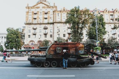 Kyiv, Ukraine - 23 August 2022: Parade of destroyed military equipment of the russian troops on the Khreshchatyk, main street of the Kyiv. Independent Day of Ukraine.