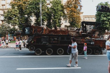 Kyiv, Ukraine - 23 August 2022: Parade of destroyed military equipment of the russian troops on the Khreshchatyk, main street of the Kyiv. Independent Day of Ukraine.