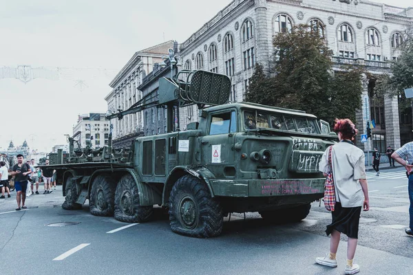 Kyiv, Ukraine - 23 August 2022: Parade of destroyed military equipment of the russian troops on the Khreshchatyk, main street of the Kyiv. Independent Day of Ukraine.
