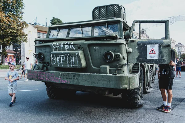 Kyiv, Ukraine - 23 August 2022: Parade of destroyed military equipment of the russian troops on the Khreshchatyk, main street of the Kyiv. Independent Day of Ukraine.