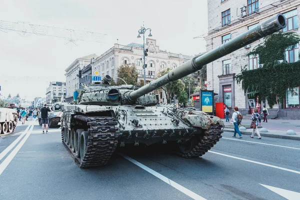 Kyiv, Ukraine - 23 August 2022: Parade of destroyed military equipment of the russian troops on the Khreshchatyk, main street of the Kyiv. Independent Day of Ukraine.