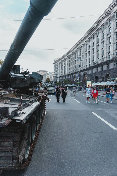 Kyiv, Ukraine - 23 August 2022: Parade of destroyed military equipment of the russian troops on the Khreshchatyk, main street of the Kyiv. Independent Day of Ukraine.