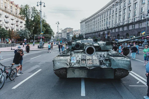 Kyiv, Ukraine - 23 August 2022: Parade of destroyed military equipment of the russian troops on the Khreshchatyk, main street of the Kyiv. Independent Day of Ukraine.