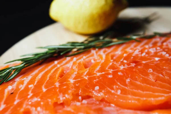 Fresh Raw Salmon Fillet Seasonings Herbs Close Black Background — Stock Photo, Image