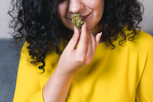 Erwachsene Frau Die Medizinische Marihuana Knospen Der Hand Hält Aus — Stockfoto