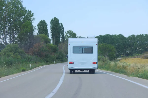 Motorhome Caravan Bewegen Weg Achtergrond Foto Reizen Concept Stockfoto