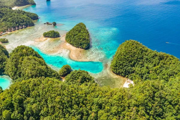 Hutan bakau menjadi teluk bagi laguna Sugba di Siargao, Filipina. Tembakan udara diambil dengan drone. Stok Gambar