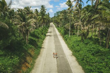 Siargao, Filipinler 'de palmiye ağaçları olan bir çift hava aracının görüntüsü.