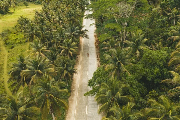 Aerial drone view a Couple on the road with palm trees in Siargao, Philippines. — Stock Photo, Image