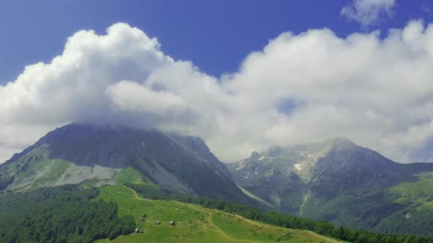 Kleine huisjes aan de voet van de berg voor een vakantie in Komovi, Montenegro. Luchtdrone zicht. — Stockvideo