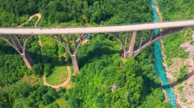 Panoramic aerial view of the Djurdjevic bridge above Tara blue river, Montenegro.