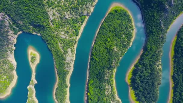 Winding blue river Meandri Cehotine on the mountains with green forest in Pljevlja, Montenegro. Aerial drone view. — Vídeo de Stock