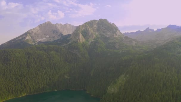 Aerial view on Black Lake with pine forest on Durmitor national park in Montenegro. — Vídeo de Stock