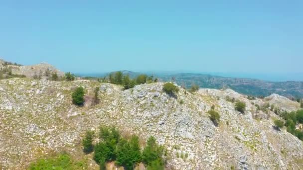 Вид с воздуха на скалистые горные вершины с зелеными деревьями в национальном парке Ловчен, Черногория. — стоковое видео