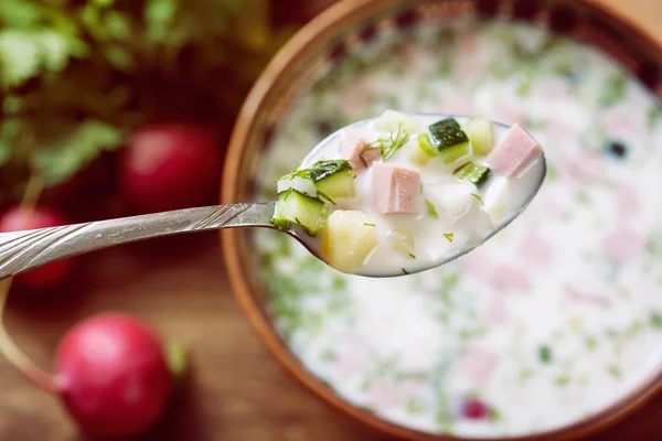 Vegetables in a glass cucumber radish and fresh herbs Russian okroshka cold summer — Stock Photo, Image