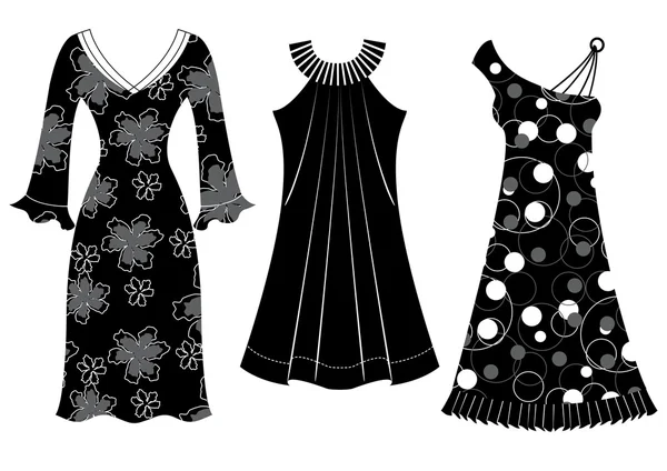 Vrouw dresses.vector zwarte silhouetten van kleren geïsoleerd op wh — Stockvector