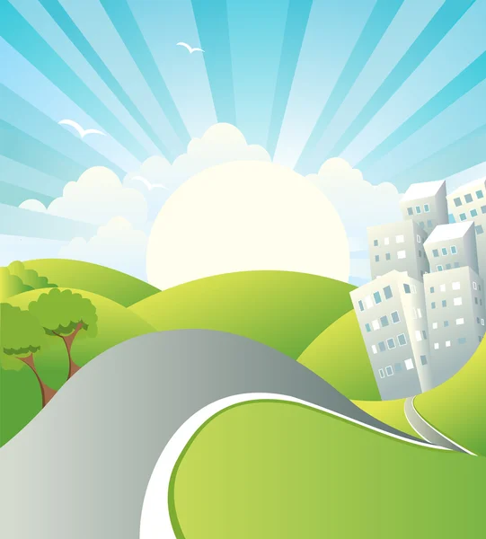 Road.Vector ile yaz günü güneş manzara