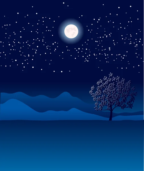 Arbre solitaire dans un paysage nocturne. Illustration vectorielle bleue — Image vectorielle