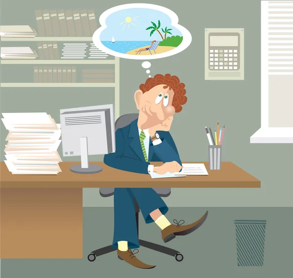 iş adamı ofisinde oturuyor ve yaz tatil hakkında dreams