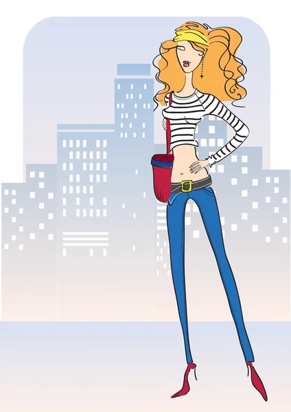 Aantrekkelijke vrouw met mode jeans.vector illustratie — Stockvector