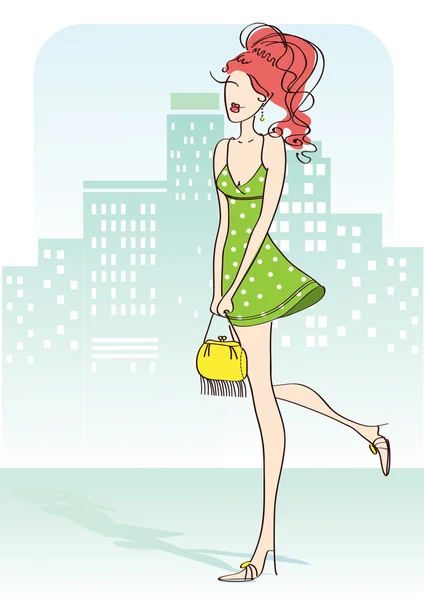 Belle femme avec petite robe verte et sac jaune — Image vectorielle