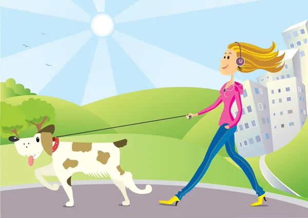 Woman and dog on walk — Stock Vector