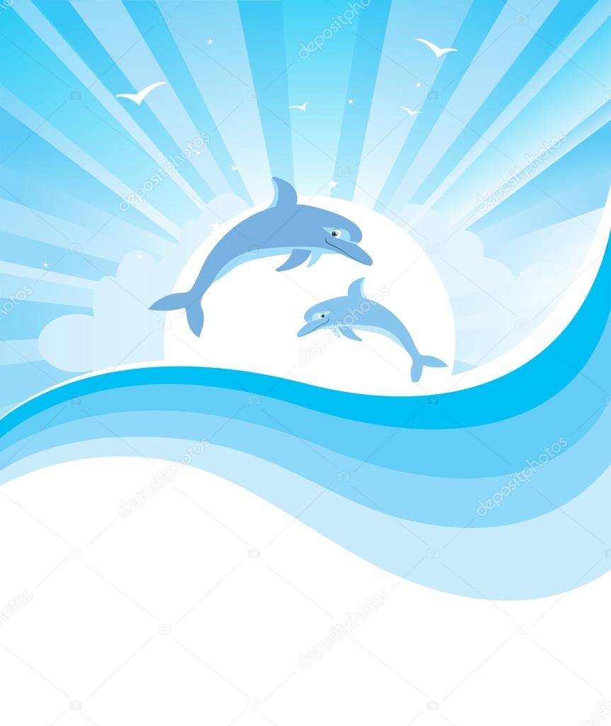 Dolphins in blue sea .Vector nature seascape with abstract waves